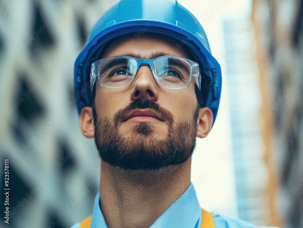 Determined Construction Engineer in Safety Gear at Urban Site. Determined Construction Engineer in Safety Gear at Urban Site.