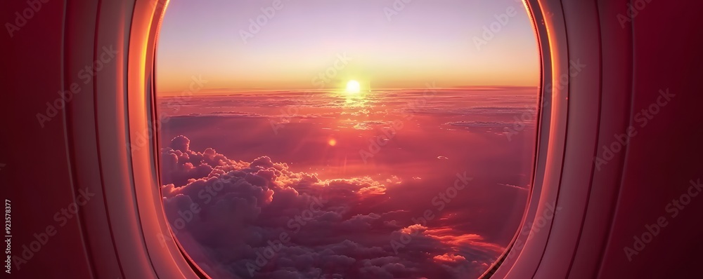 Airplane Window View of a Sunset Over Clouds Airplane Window View of a Sunset Over Clouds