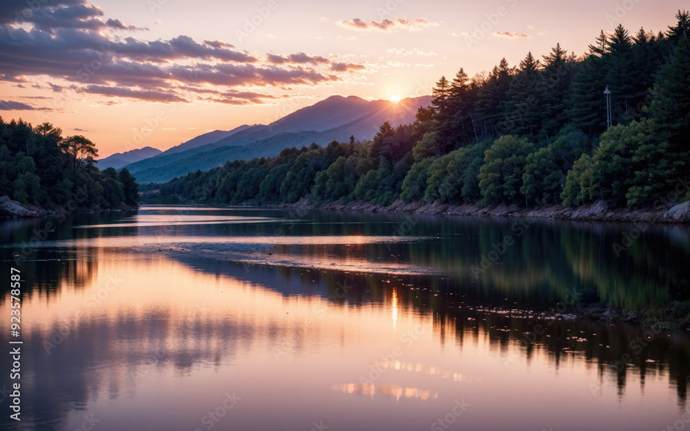 Tranquil Sunset Over Serene River Surrounded by Lush Forested Mountains in Autumn Tranquil Sunset Over Serene River Surrounded by Lush Forested Mountains in Autumn