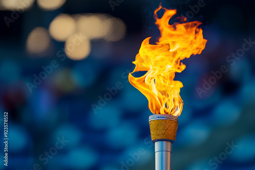 Flame burns in Olympic torch against blurred sports arena, 3d rendering, generative ai