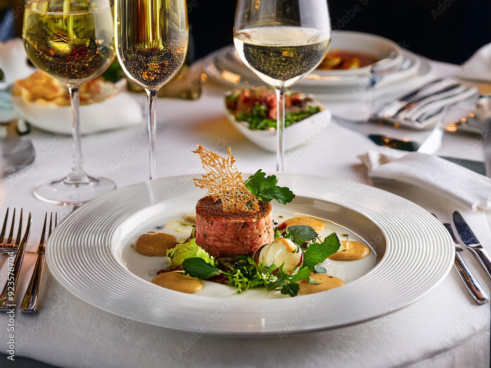 A gourmet dish in a fine dining setting – A beautifully plated dish with intricate garnishes, served on a white tablecloth with elegant silverware and wine glasses in the background. A gourmet dish in a fine dining setting – A beautifully plated dish with intricate garnishes, served on a white tablecloth with elegant silverware and wine glasses in the background.