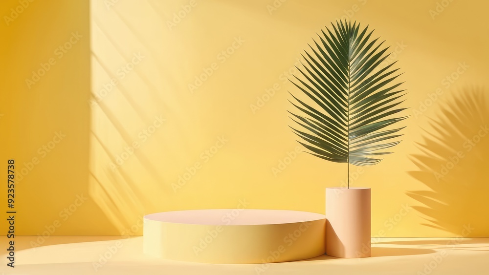 A stylish and simple setup with a palm leaf in a cylindrical holder, casting elegant shadows on a yellow backdrop, highlighted by a circular podium, embodying modern interior design A stylish and simple setup with a palm leaf in a cylindrical holder, casting elegant shadows on a yellow backdrop, highlighted by a circular podium, embodying modern interior design