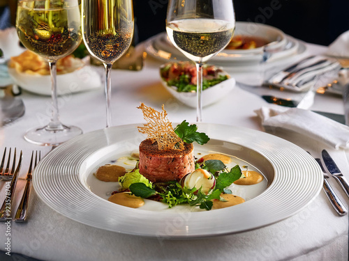 A gourmet dish in a fine dining setting – A beautifully plated dish with intricate garnishes, served on a white tablecloth with elegant silverware and wine glasses in the background. 