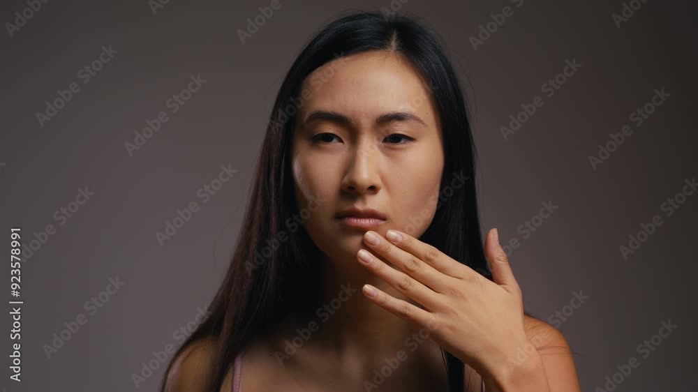 Upset Asian woman displeased with dull dry face skin, first signs of ageing