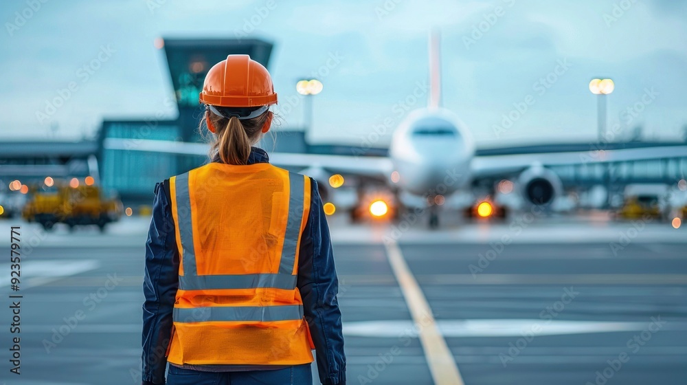 Airport worker in high-visibility vest and helmet facing an airplane on the runway, ready for ground operations. Airport worker in high-visibility vest and helmet facing an airplane on the runway, ready for ground operations.
