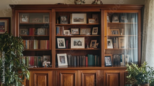 A wooden cabinet with a rich stain, showcasing a collection of books and framed photographs.