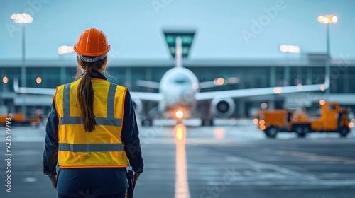 Wallpaper Mural Airport worker in high-visibility vest and helmet facing an airplane on the runway, ready for ground operations. Torontodigital.ca