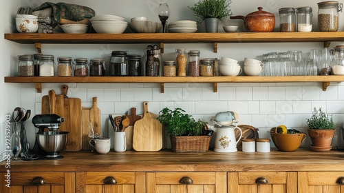 A wooden cabinet with open shelves, neatly organized with kitchen essentials and decorative items.