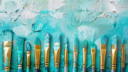 Border Frame Background with Back to School Concept Featuring Art Supplies and Paint Brushes on a Textured Blue Surface