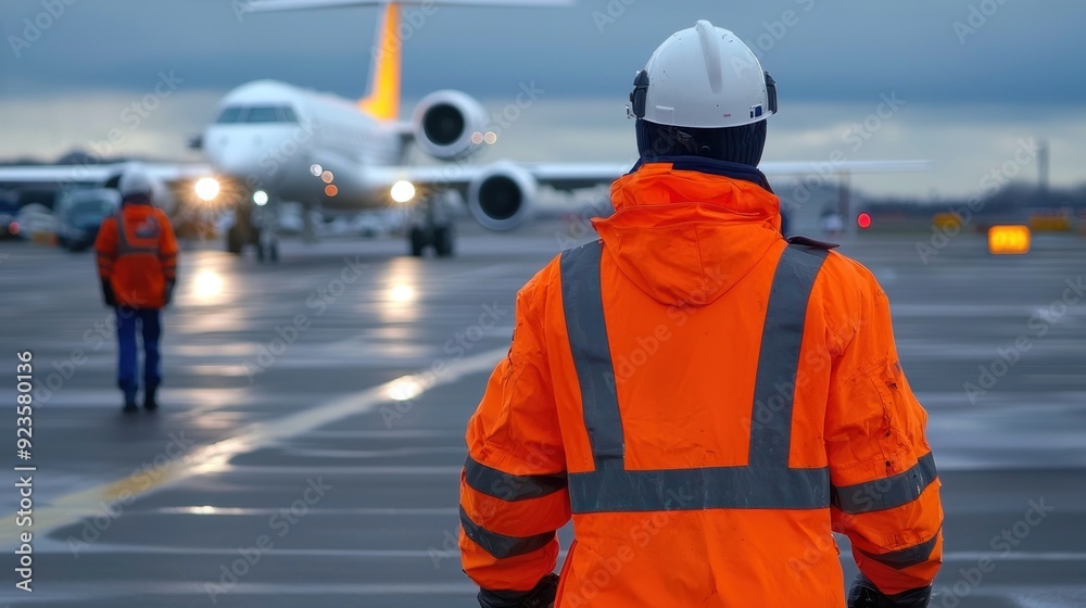 Fototapeta premium Airport worker in high-visibility vest and helmet facing an airplane on the runway, ready for ground operations.