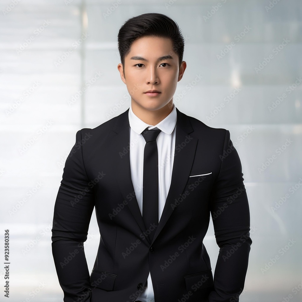 Confident and Sharp A dapper young businessman exudes confidence in a tailored black suit and crisp white shirt. His posture and gaze convey determination and success. Confident and Sharp A dapper young businessman exudes confidence in a tailored black suit and crisp white shirt. His posture and gaze convey determination and success.