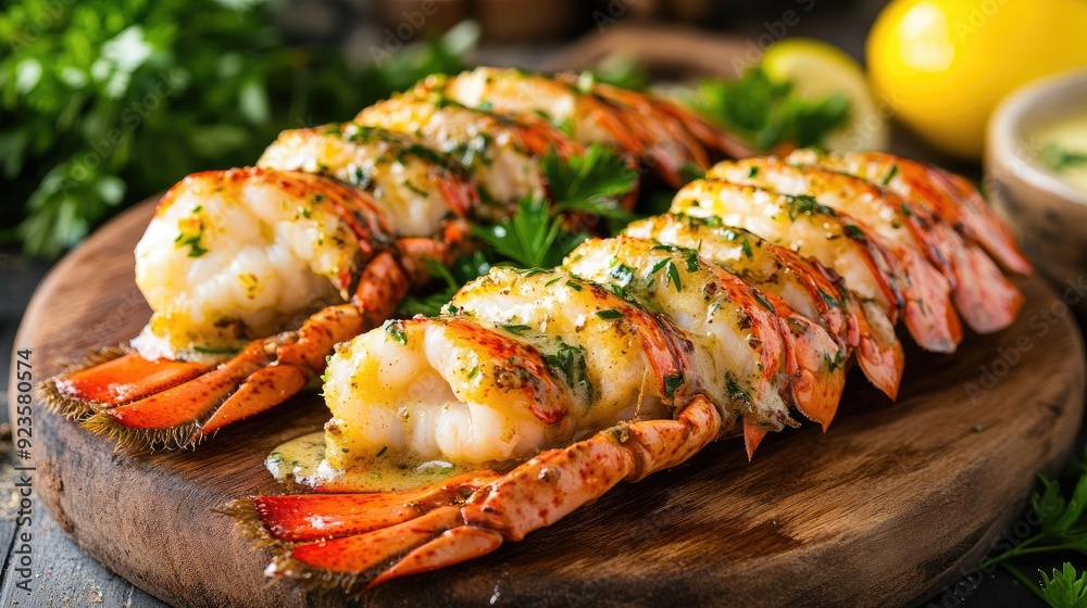 Grilled lobster tail with garlic butter and herbs on a rustic wooden board Grilled lobster tail with garlic butter and herbs on a rustic wooden board