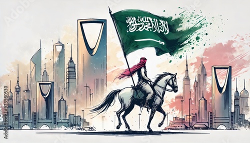 Saudi arabia national day poster illustration in watercolor style. photo