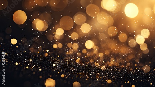 Glittering gold sparkles on a dark background, creating a luxurious feel.