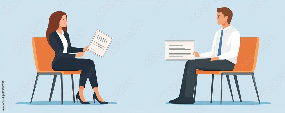Lawyer holding property deed, couple sitting apart, flat design illustration Lawyer holding property deed, couple sitting apart, flat design illustration