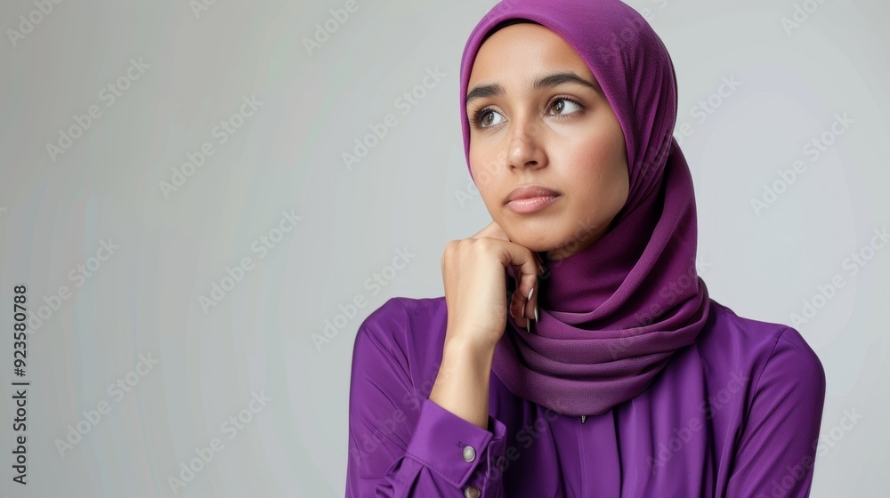 Portrait of beautiful contemplative young Asian Muslim woman wearing hijab and purple dress, holding chin and looking at copy space, isolated on white studio background. Portrait of beautiful contemplative young Asian Muslim woman wearing hijab and purple dress, holding chin and looking at copy space, isolated on white studio background.