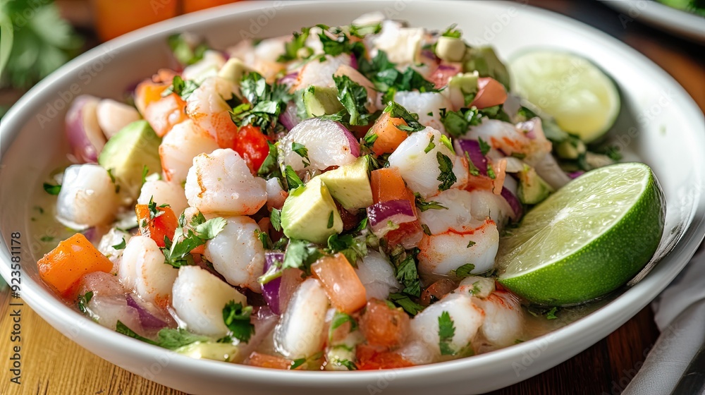 Mixed seafood ceviche with lime juice, cilantro, and avocado. Mixed seafood ceviche with lime juice, cilantro, and avocado.