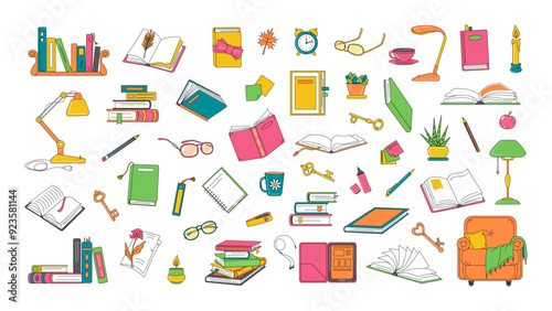 Various books and stationery, interior items, all reading related objects. Retro cartoon style set