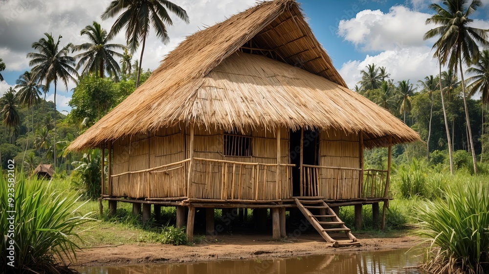 Photo of simple house made of straw and bamboo surrounded by greenery in Avatip, Sepik river in Papua New Guinea. Photo of simple house made of straw and bamboo surrounded by greenery in Avatip, Sepik river in Papua New Guinea.
