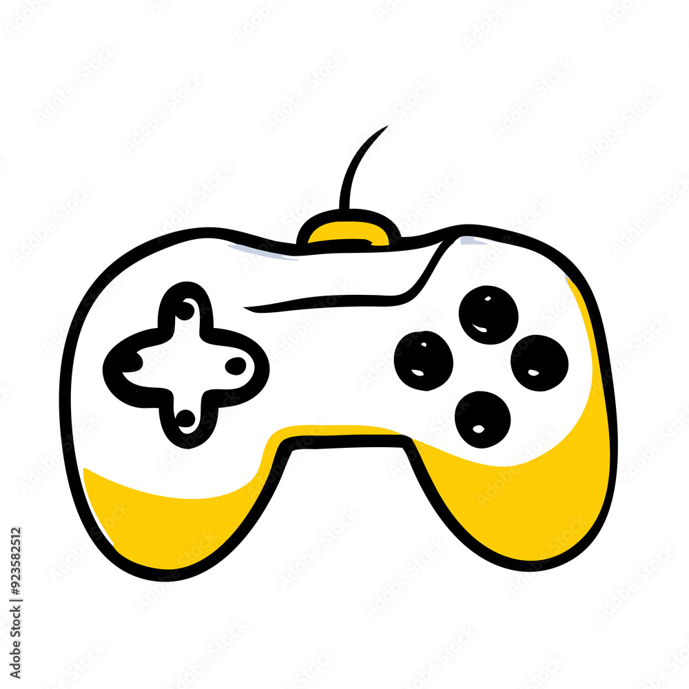black and white drawing of a game controller with yellow buttons and directional pad black and white drawing of a game controller with yellow buttons and directional pad