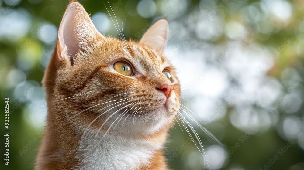 An elegant orange tabby cat gazes thoughtfully into the distance, surrounded by a vibrant, blurred green backdrop in perfect focus. An elegant orange tabby cat gazes thoughtfully into the distance, surrounded by a vibrant, blurred green backdrop in perfect focus.