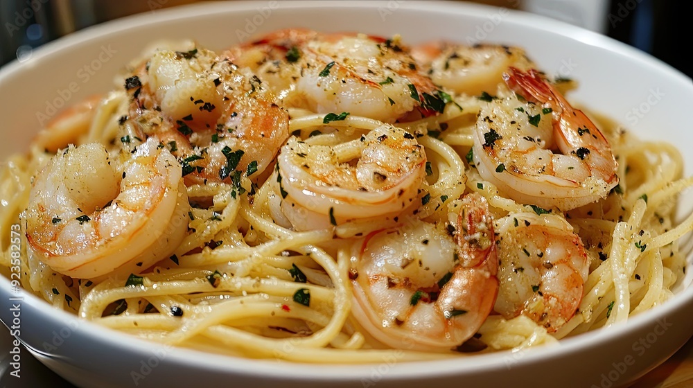Shrimp scampi pasta with garlic and white wine sauce. Shrimp scampi pasta with garlic and white wine sauce.
