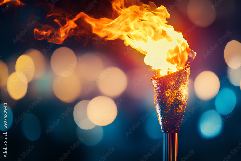 Flame burns in Olympic torch against blurred sports arena, 3d rendering, generative ai