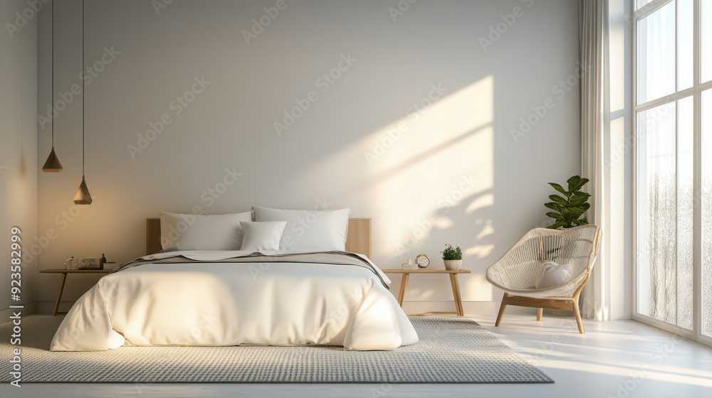 A bright and airy bedroom with a minimalist design and neutral colors, promoting a clean and peaceful lifestyle. A bright and airy bedroom with a minimalist design and neutral colors, promoting a clean and peaceful lifestyle.