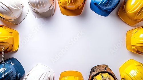 Frame Border Background of Labor Day Concept with Colorful Construction Helmets on White Background