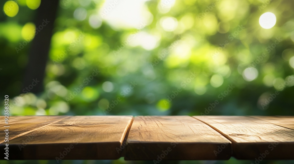 Serene Wooden Table with Nature Background Serene Wooden Table with Nature Background