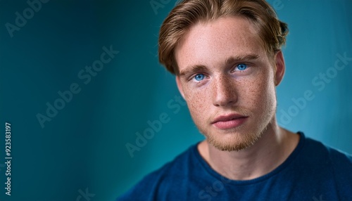 Intriguing Gaze A close-up portrait of a young man with captivating blue eyes, showcasing his youthful beauty and captivating gaze. The soft lighting and natural freckles add a touch of intimacy.