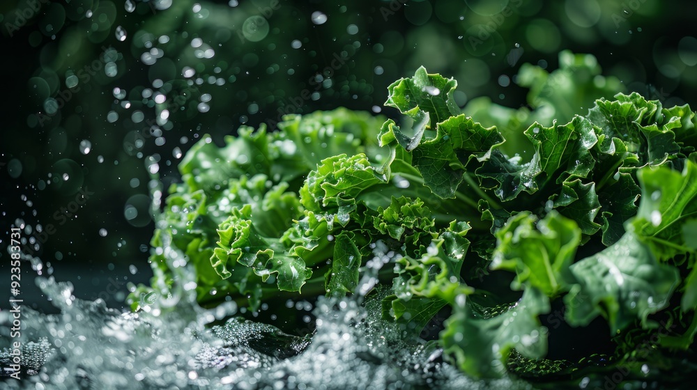 Fresh green kale splashed with water under soft lighting in a kitchen setting Fresh green kale splashed with water under soft lighting in a kitchen setting