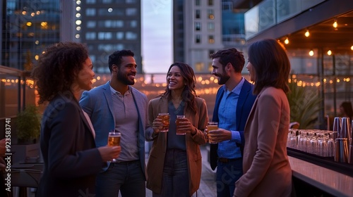 Evening Gathering Friends Rooftop City Skyline Drinks Laughter Smiles Celebration