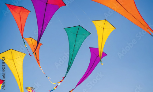 Colorful Kites Soaring High Against a Clear Blue Sky During a Sunny Day photo