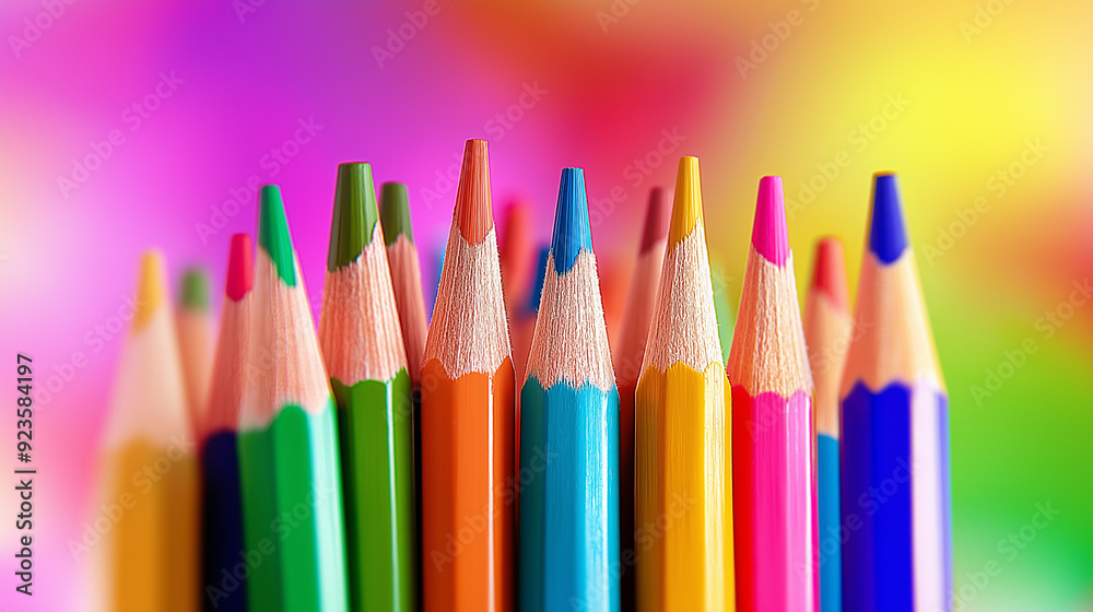 Colorful pencils arranged in an artistic display, set against a vibrant background. generative ai Colorful pencils arranged in an artistic display, set against a vibrant background. generative ai