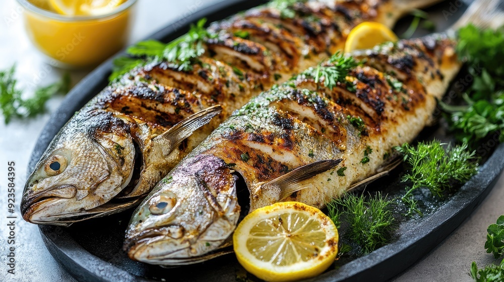 Whole grilled fish with lemon slices and fresh herbs on a platter. Whole grilled fish with lemon slices and fresh herbs on a platter.