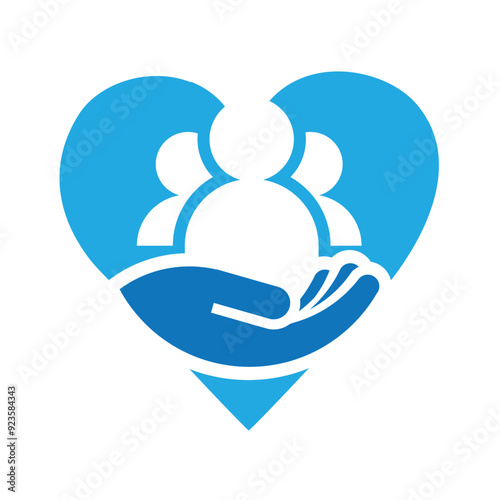 This is a simple flat logo of three people being held by a palm of hand inside a heart shape in blue color symbolizing love and care

