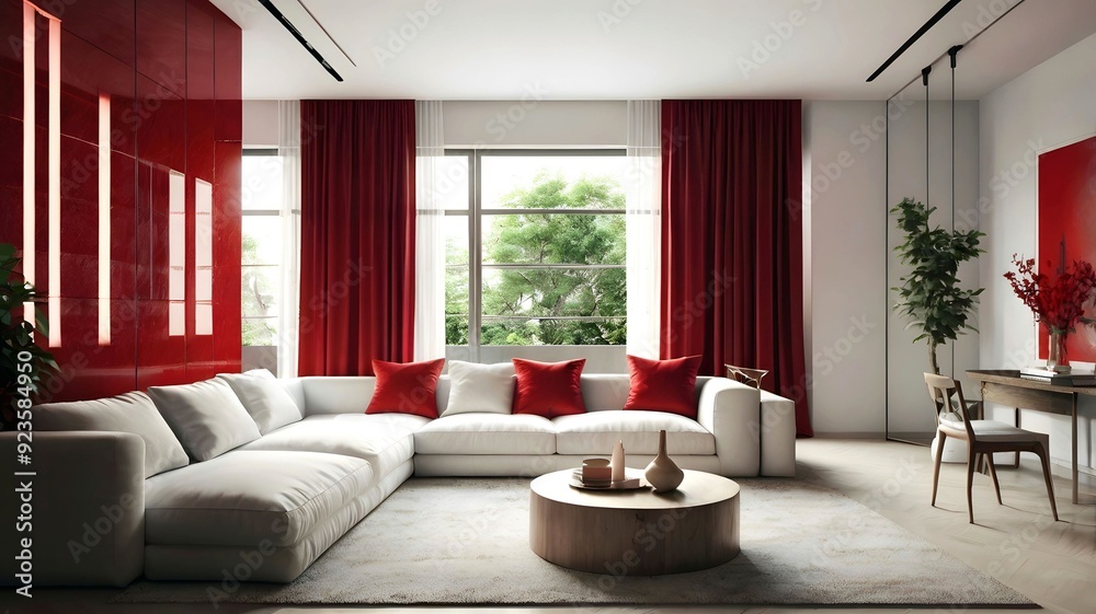 Fototapeta premium Minimal beautiful interior of living room with red and white tone, stunning living room home decoration, contemporary design