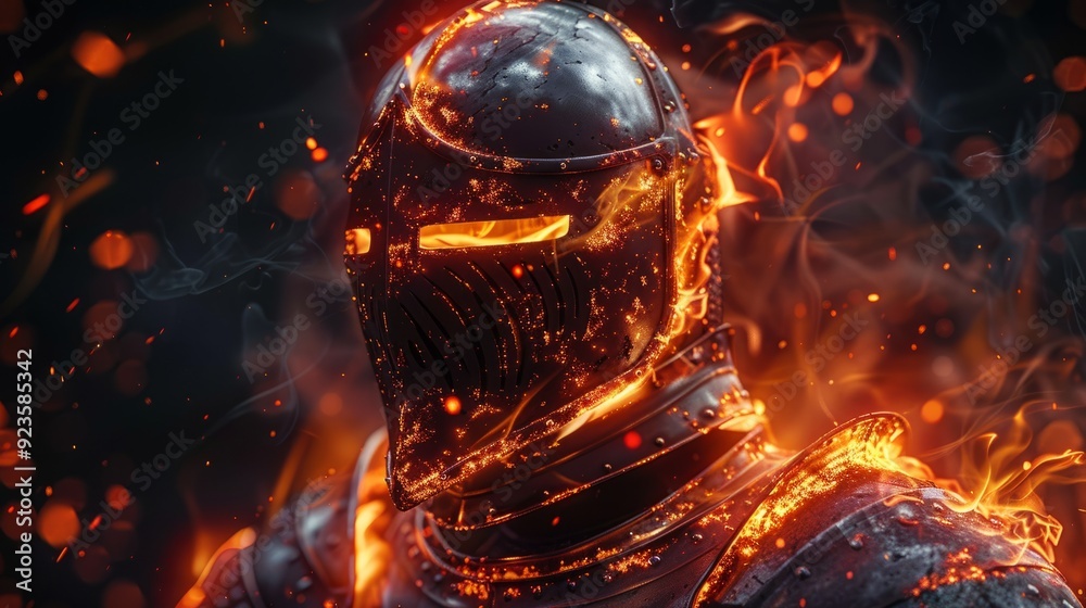 A fiery armored knight surrounded by swirling flames in a dark setting A fiery armored knight surrounded by swirling flames in a dark setting