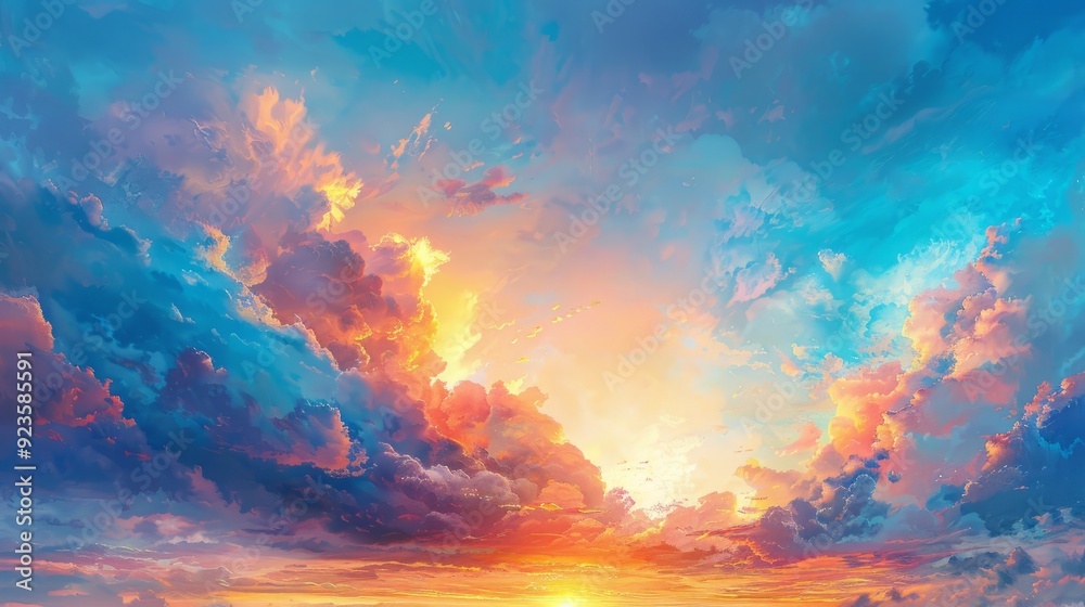 Naklejka premium Beautiful sunset with colorful clouds over a serene ocean horizon