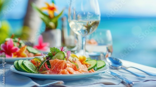 Luxury meal on table with sea