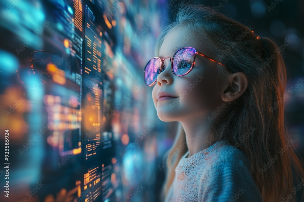 Portrait of cute little girl looked amazing and smiling in 3D cyberspace with animated internet content interfaces. Portrait of cute little girl looked amazing and smiling in 3D cyberspace with animated internet content interfaces.