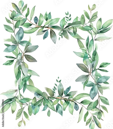 watercolor green leaves square background, frame, for design