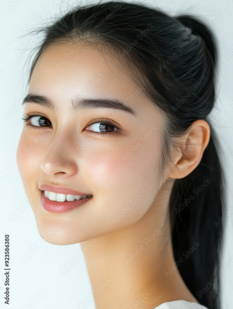 young Asian woman with clean skin and flowing hair, embodying beauty and skincare ideals. young Asian woman with clean skin and flowing hair, embodying beauty and skincare ideals.