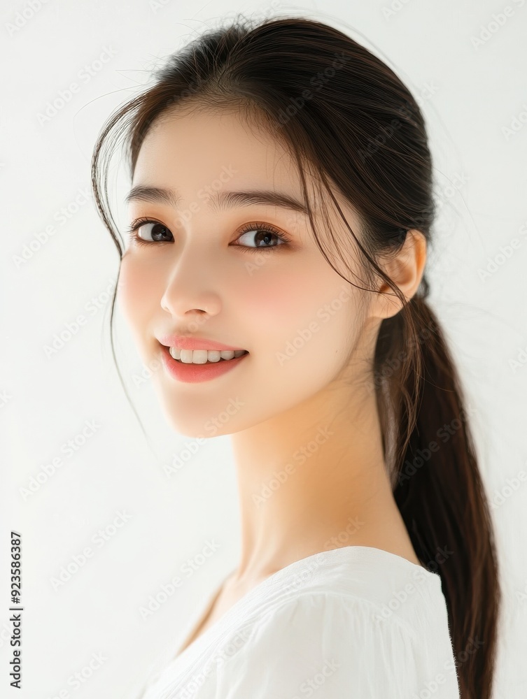 young Asian woman with clean skin and flowing hair, embodying beauty and skincare ideals. young Asian woman with clean skin and flowing hair, embodying beauty and skincare ideals.