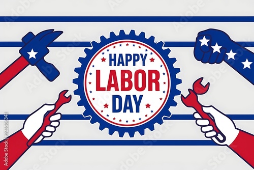 Celebrate the American Labor Day and honor the labor union movement with wrench, work helmet, grip piler and nut fastener on the background of work tools. photo