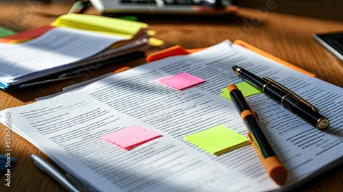 An open document file with important paperwork, highlighted with sticky notes and pens.