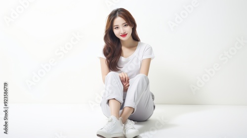 A Korean girl model smiles gently while seated cross-legged in a bright, minimalistic studio, radiating joy and confidence