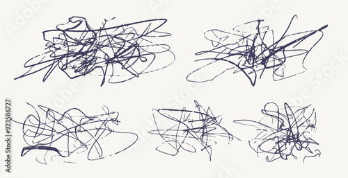 Set of hand drawn scribble pencil black line. Sloppy hatching, highlighter for trend modern design. Scratch texture sketchy graphic design element. Template vector illustration ballpoint round swirl.