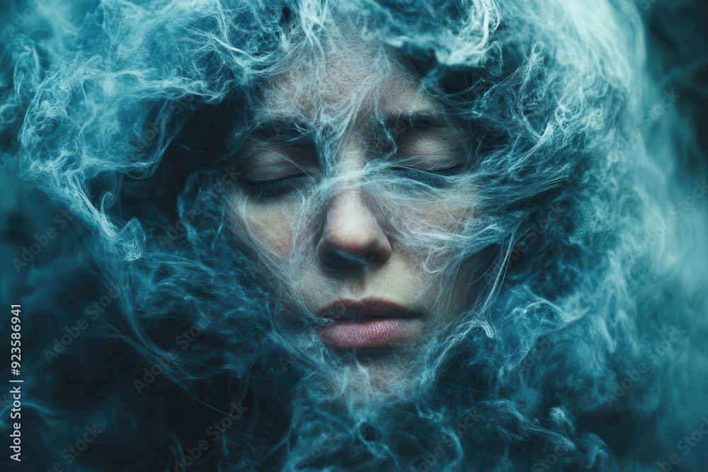 conceptual portrait of person with transparent cranium filled with swirling thoughts anxiety visualized as tangled threads
